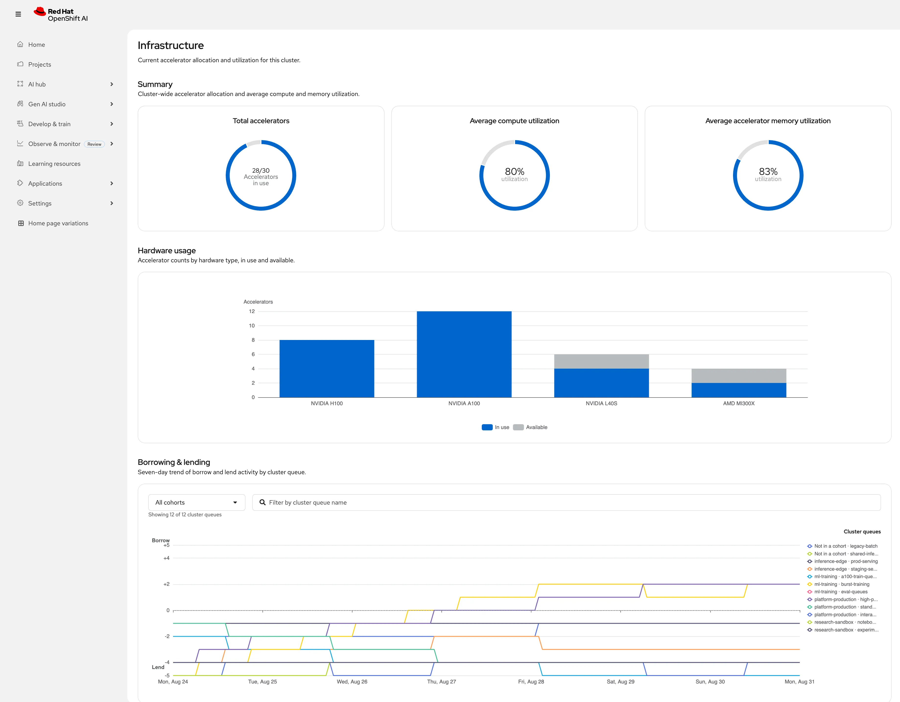 Infrastructure overview page showing cluster-wide accelerator allocation with compute and memory utilization donuts