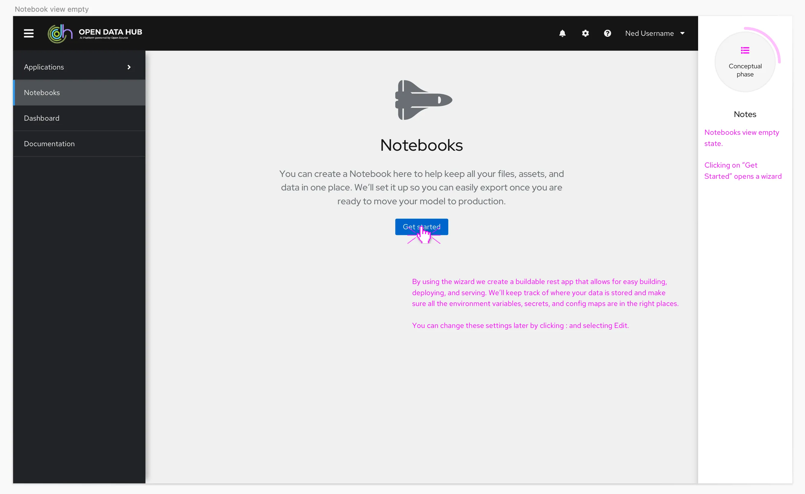 Early concept for launching a Jupyter notebook from inside the product