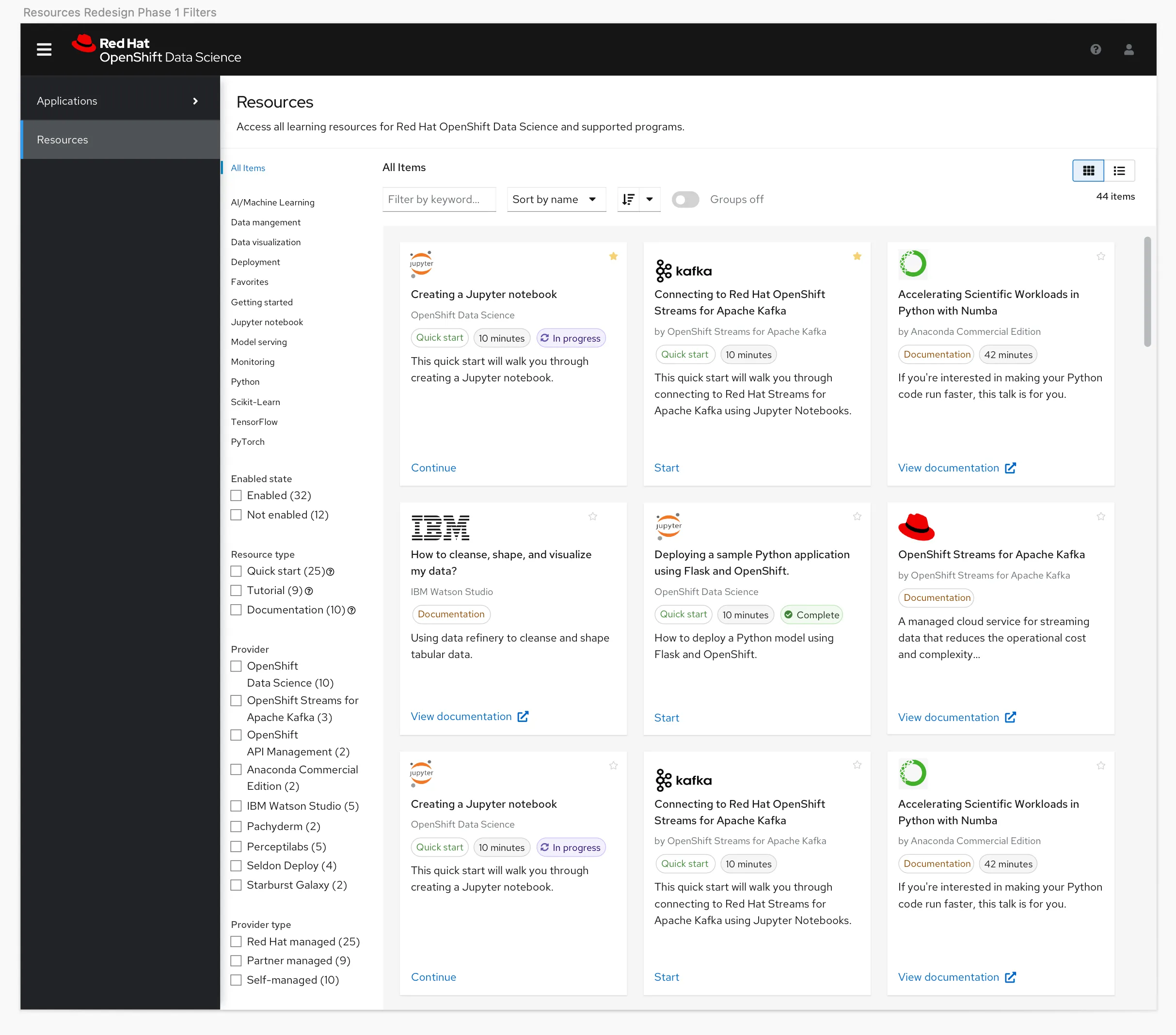 Resources catalog in card view with content-type filters