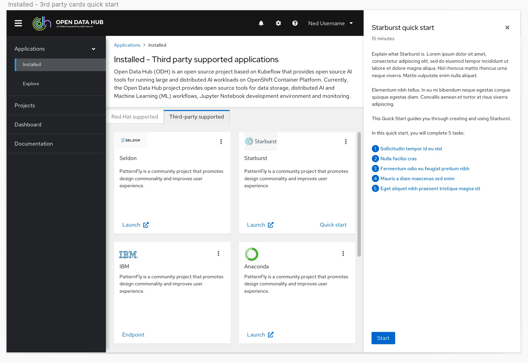 Third-party quick start opened from the installed applications list