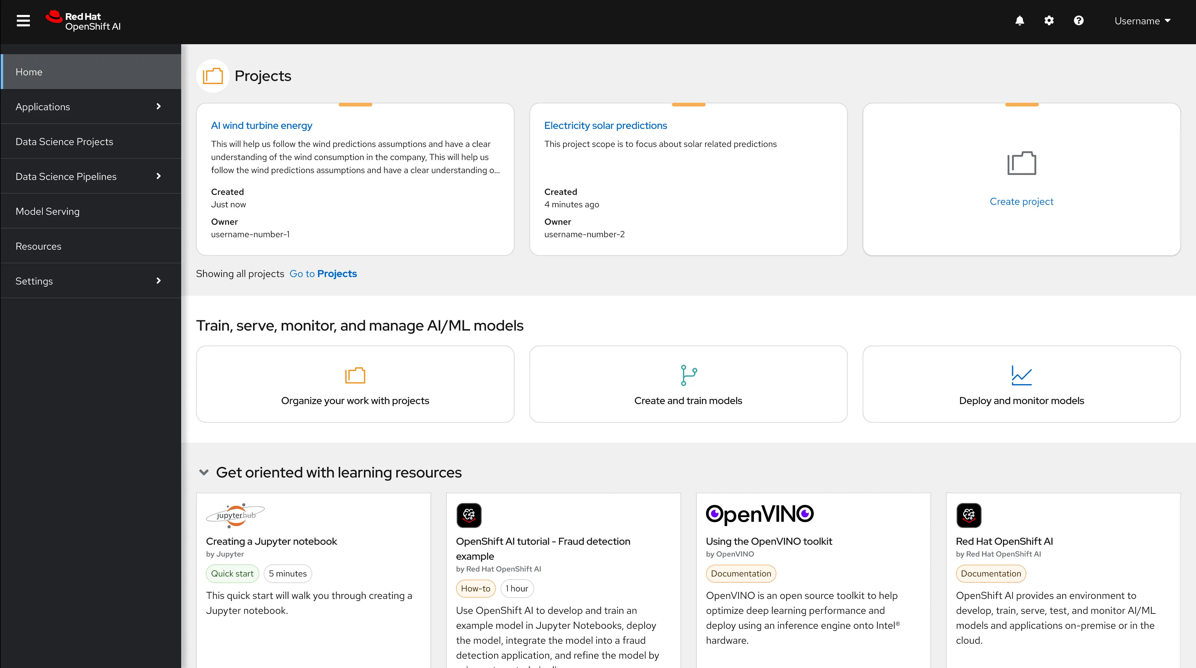 OpenShift AI home page