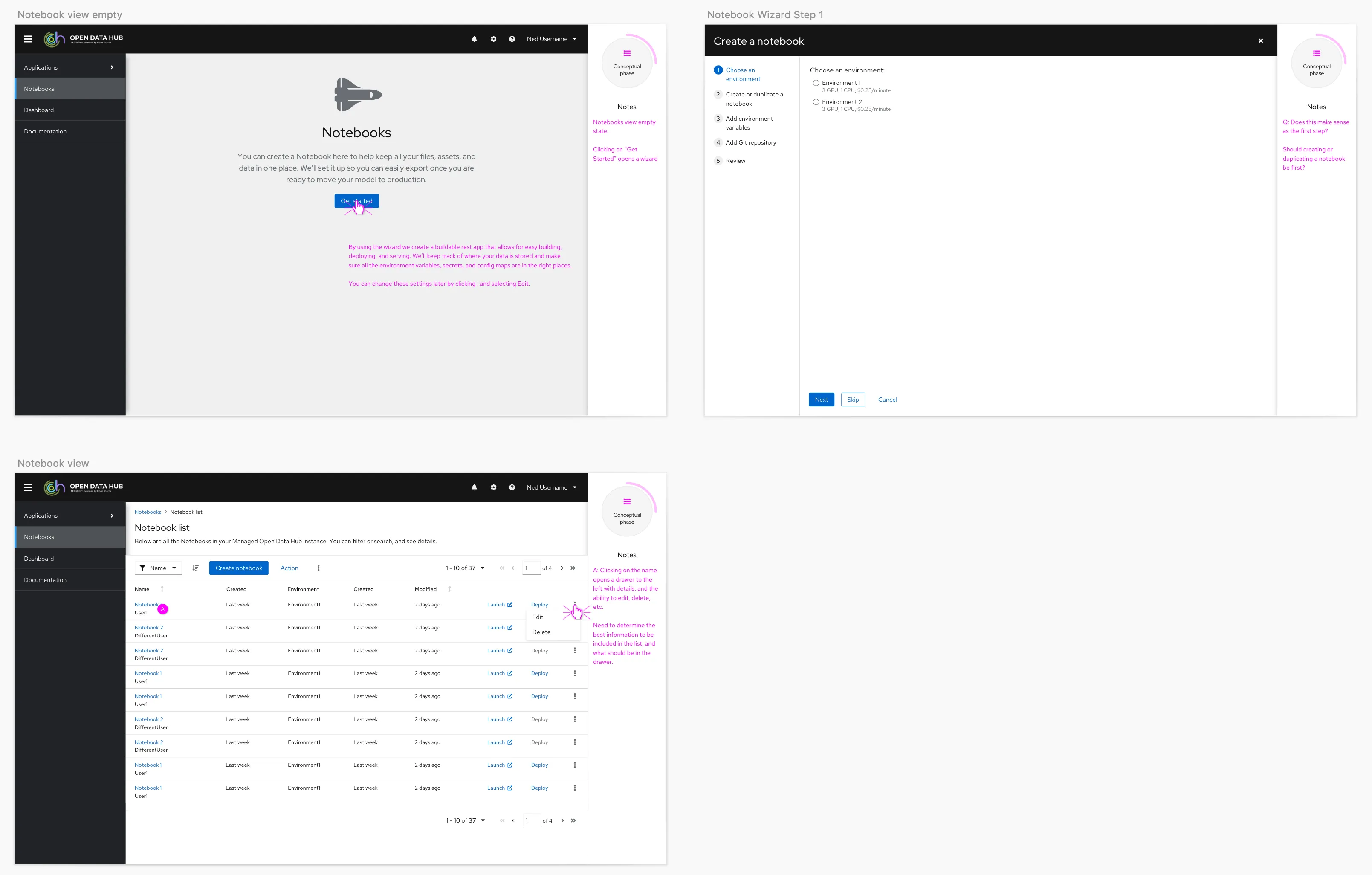 Concept for notebook views and the notebook creation wizard