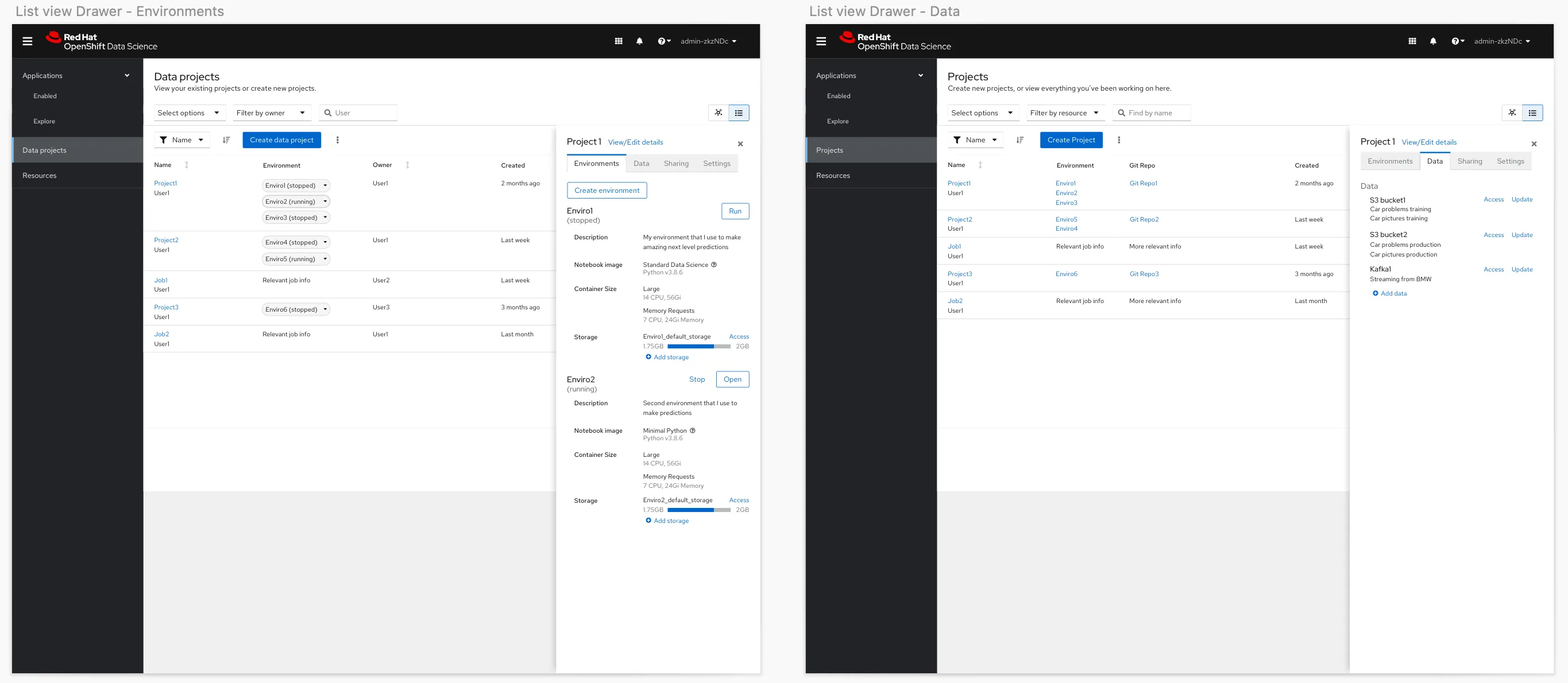 List view with a drawer showing environments and attached data