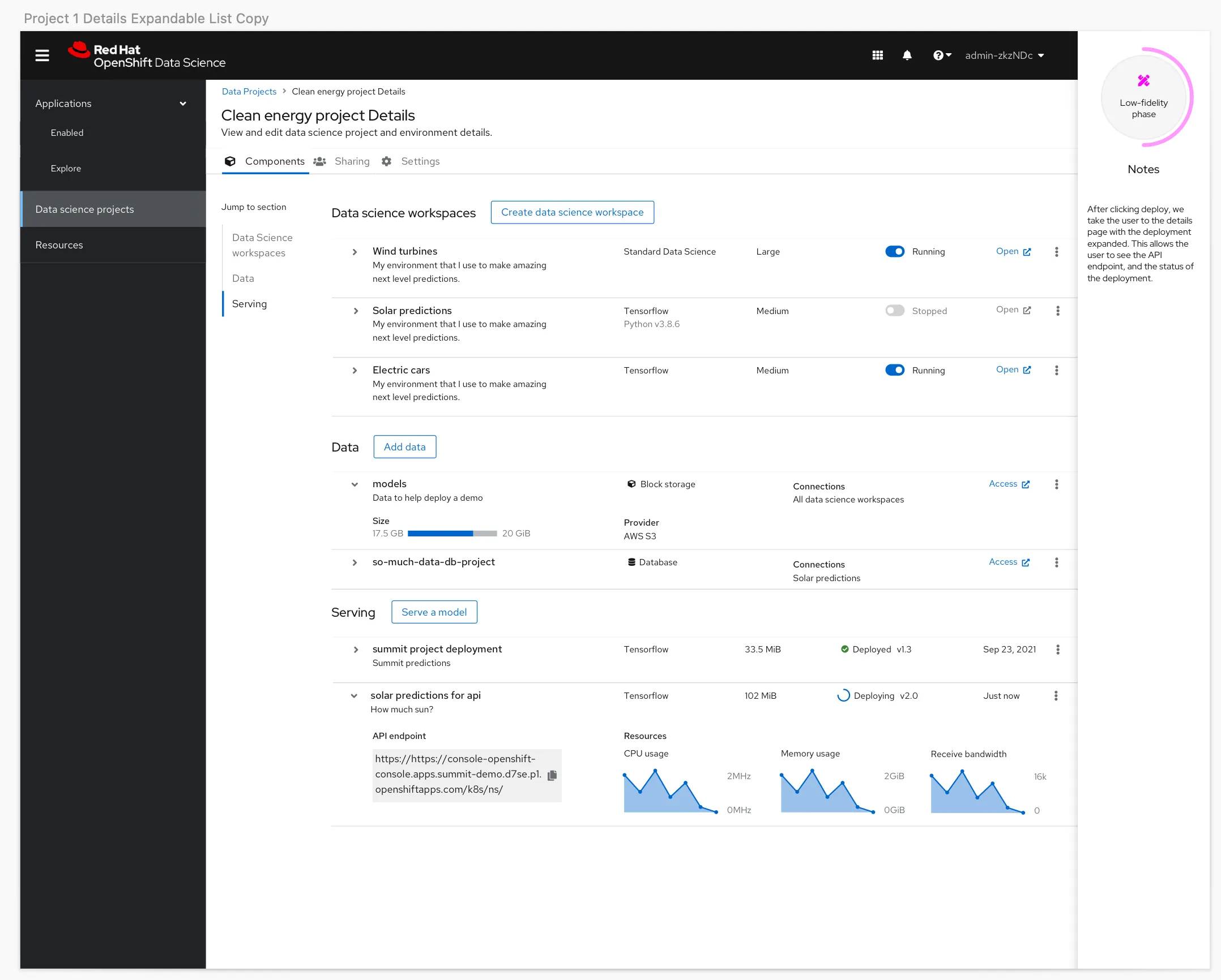 Project details page with expandable lists