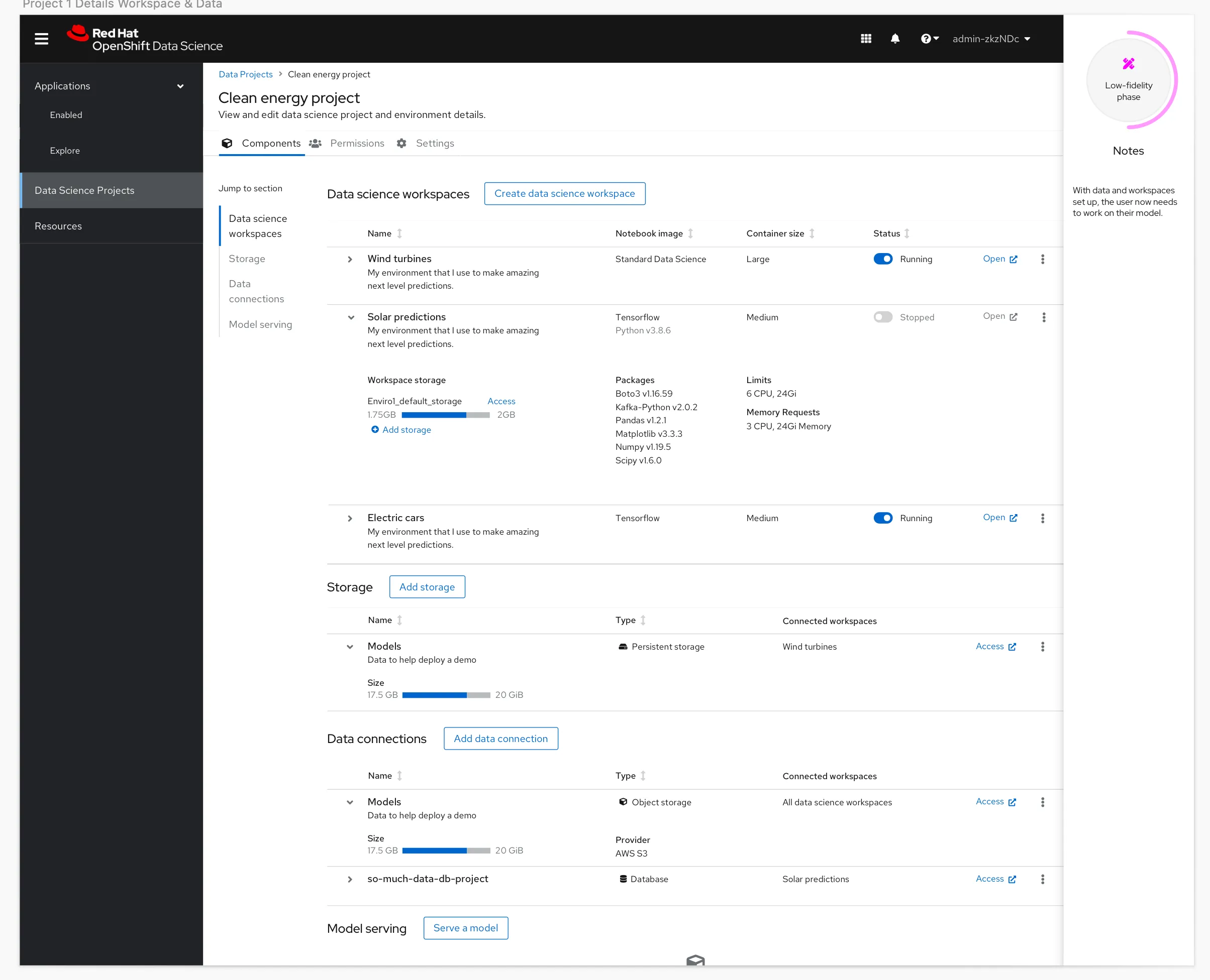 Project details page showing workspaces and connected data