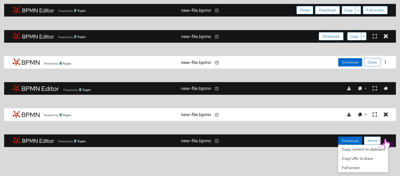 Masthead options combining buttons, menus, and icons