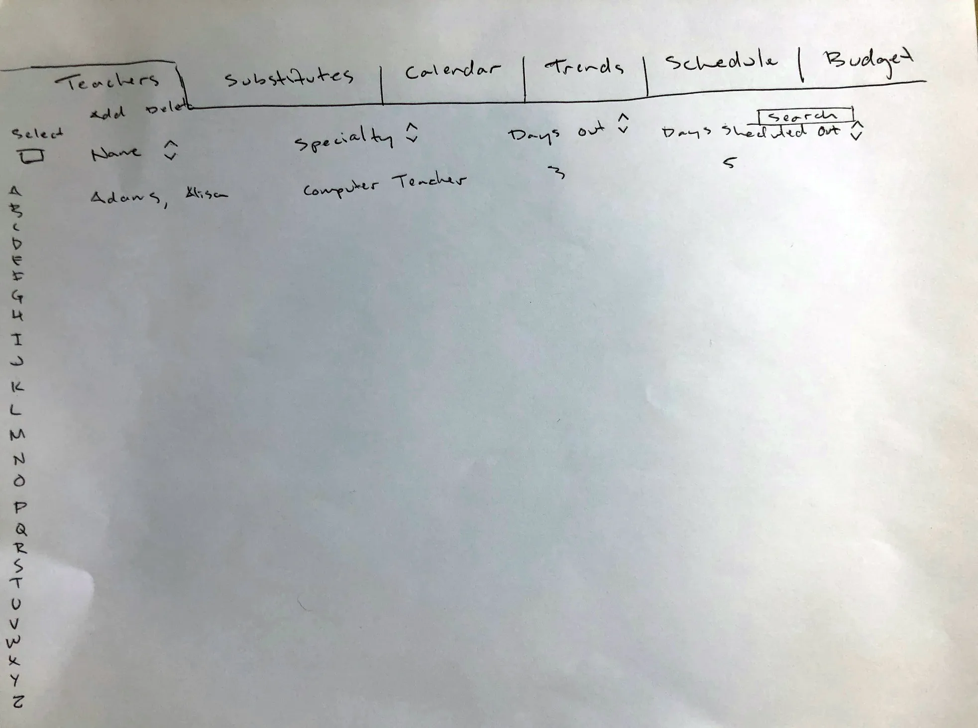 Wireframe of the Teachers tab