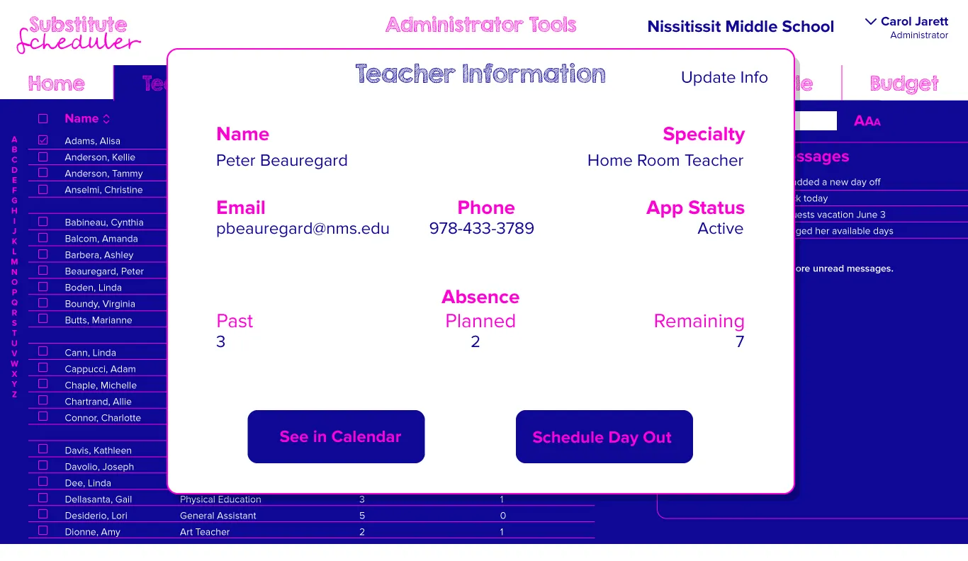 Teacher information pop-up